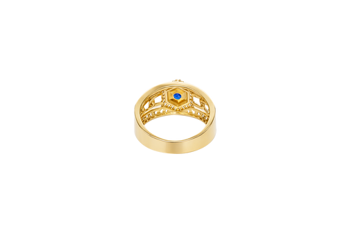 14KT Gold Ring Men's Round Blue CZ Stone Hexagon White CZ Stones Border with Side Design White CZ Stones/ Cuban Link Design