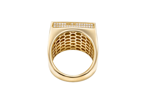 14KT Gold Ring Men's Square Caridad Cobre Greek Border with Double Row White CZ Side Stones