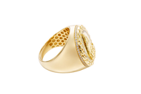 14KT Gold Ring Men's Round Caridad Cobre Coin with White CZ Stones Border and Chino Link Frame with Single Row of White CZ Stones Sides