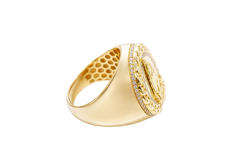 14KT Gold Ring Men's Round Caridad Cobre Coin with White CZ Stones Border and Chino Link Frame with Single Row of White CZ Stones Sides