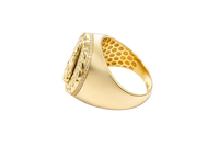 14KT Gold Ring Men's Round Caridad Cobre Coin with White CZ Stones Border and Chino Link Frame with Single Row of White CZ Stones Sides