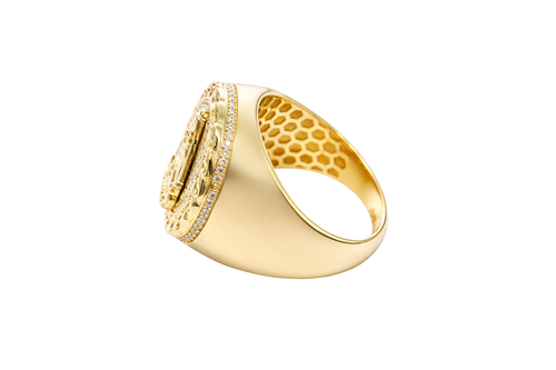 14KT Gold Ring Men's Round Caridad Cobre Coin with White CZ Stones Border and Chino Link Frame with Single Row of White CZ Stones Sides