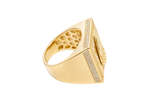 14KT Gold Ring Men's Square Caridad Cobre Greek Border with Double Row White CZ Side Stones