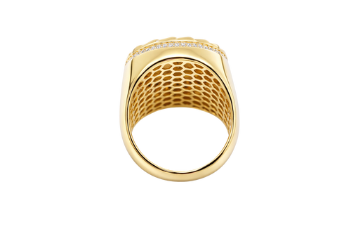 14KT Gold Ring Men's Round Caridad Cobre Coin with White CZ Stones Border and Chino Link Frame with Single Row of White CZ Stones Sides