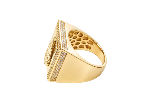 14KT Gold Ring Men's Square Caridad Cobre Greek Border with Double Row White CZ Side Stones