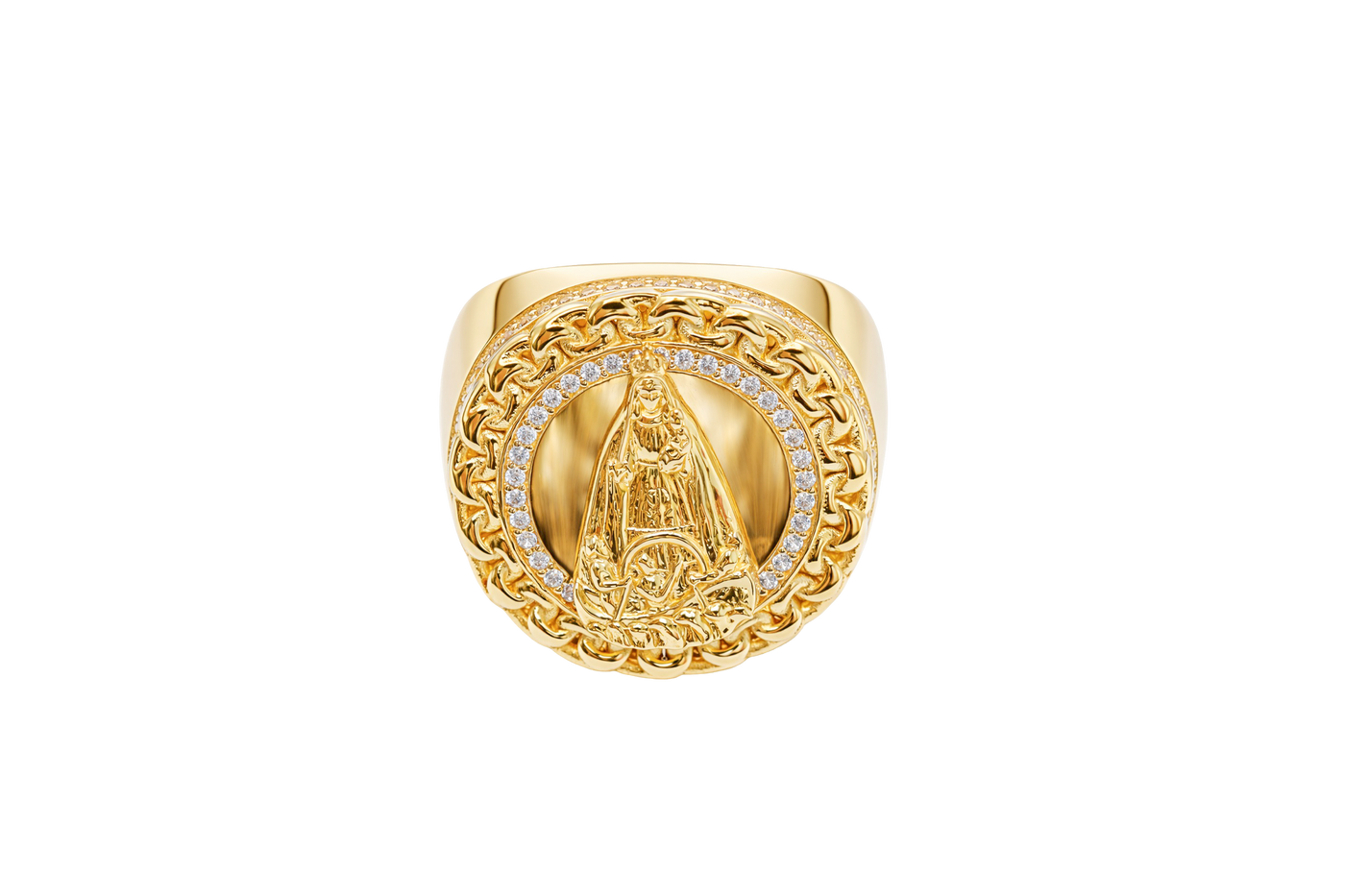 14KT Gold Ring Men's Round Caridad Cobre Coin with White CZ Stones Border and Chino Link Frame with Single Row of White CZ Stones Sides