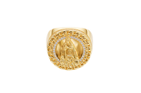 14KT Gold Ring Men's Round Caridad Cobre Coin with White CZ Stones Border and Chino Link Frame with Single Row of White CZ Stones Sides