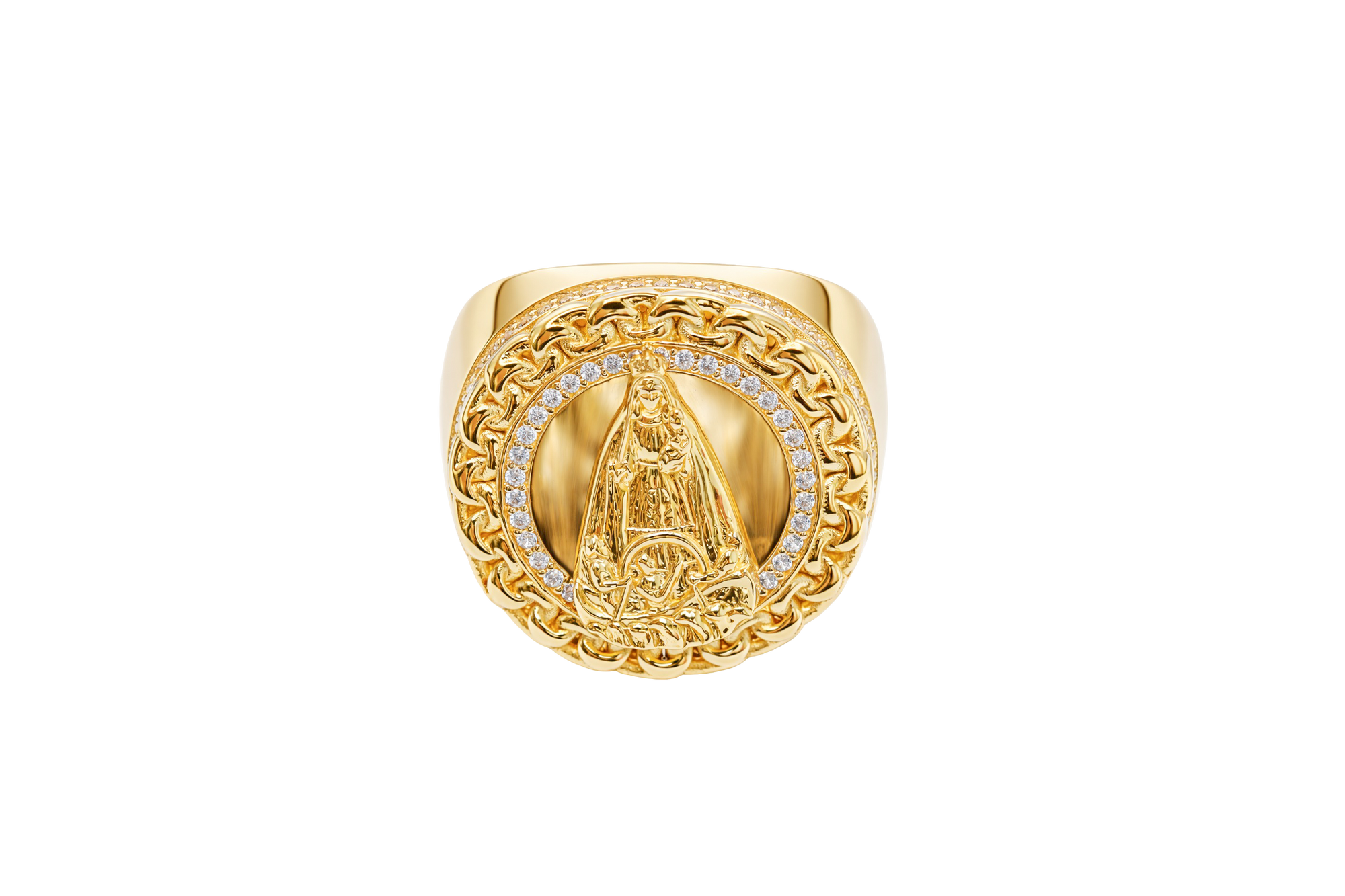 14KT Gold Ring Men's Round Caridad Cobre Coin with White CZ Stones Border and Chino Link Frame with Single Row of White CZ Stones Sides