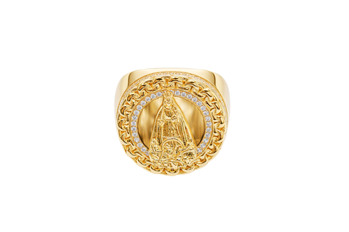 14KT Gold Ring Men's Round Caridad Cobre Coin with White CZ Stones Border and Chino Link Frame with Single Row of White CZ Stones Sides