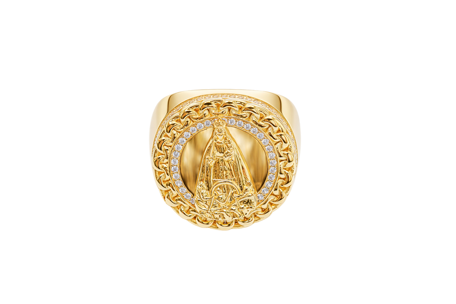 14KT Gold Ring Men's Round Caridad Cobre Coin with White CZ Stones Border and Chino Link Frame with Single Row of White CZ Stones Sides