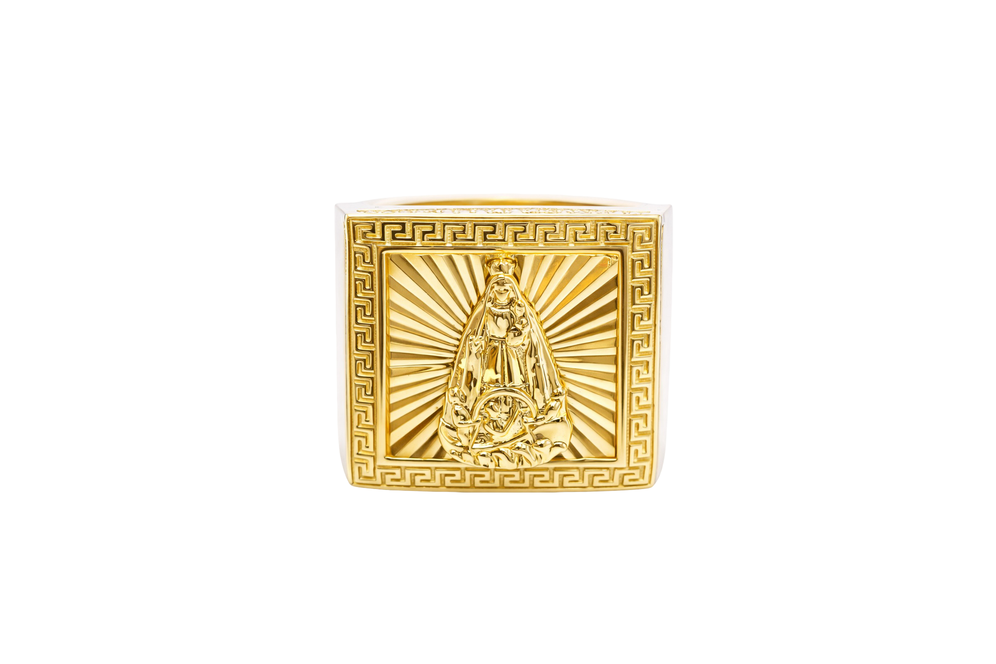 14KT Gold Ring Men's Square Caridad Cobre Greek Border with Double Row White CZ Side Stones