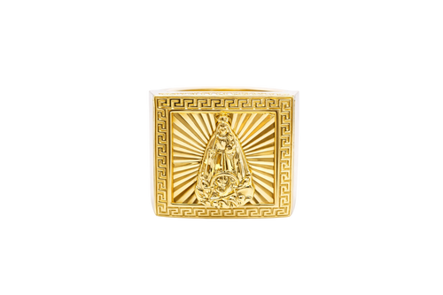 14KT Gold Ring Men's Square Caridad Cobre Greek Border with Double Row White CZ Side Stones