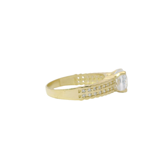 14KT Gold Ring Women's 4 Prong Round White CZ Stone Cushion Cut Solitaire with Double Row CZ Stone Scalloped Band