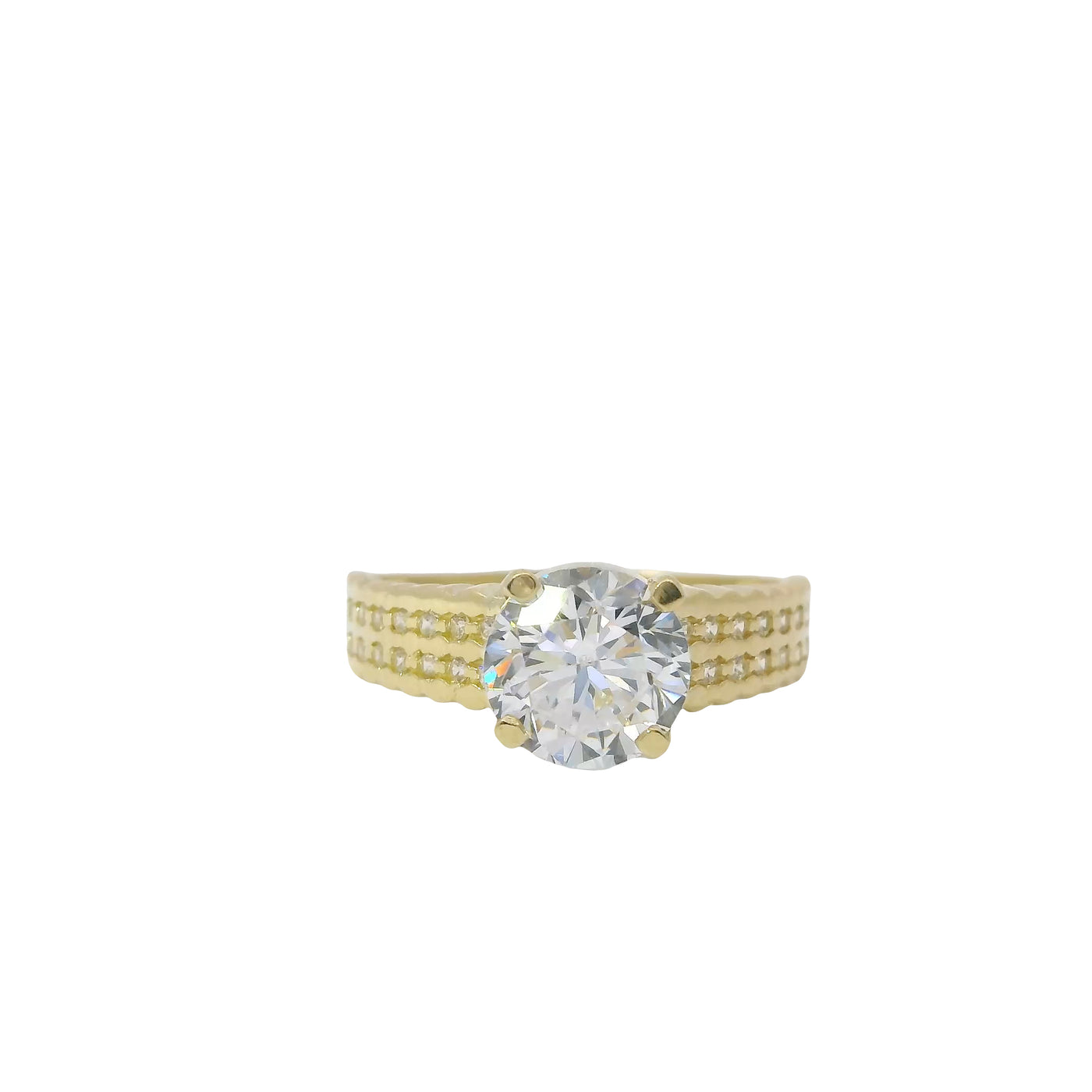 14KT Gold Ring Women's 4 Prong Round White CZ Stone Cushion Cut Solitaire with Double Row CZ Stone Scalloped Band
