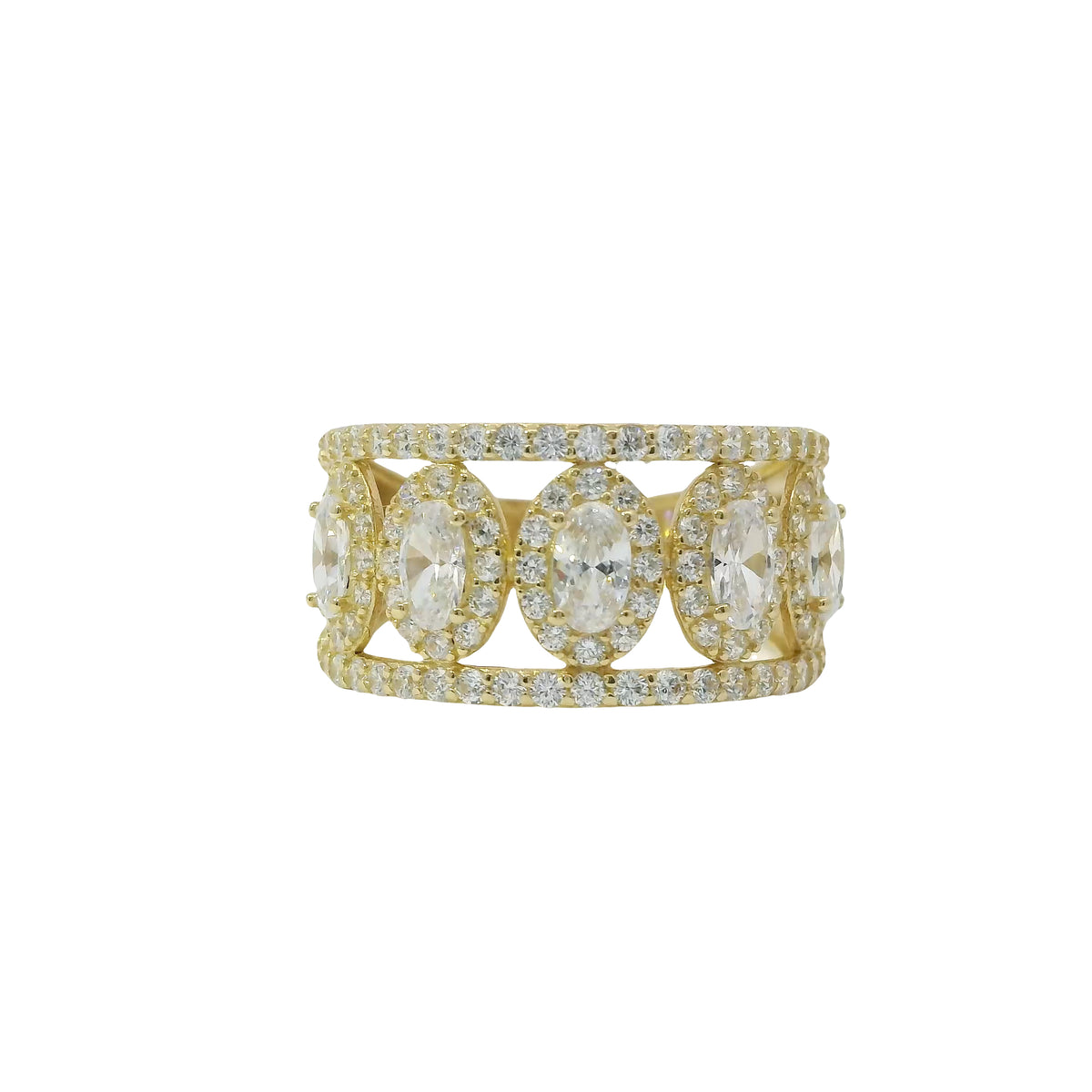 14KT Gold Ring Women's Five White Center Ovals with White Round CZ Stones Border Spit Band