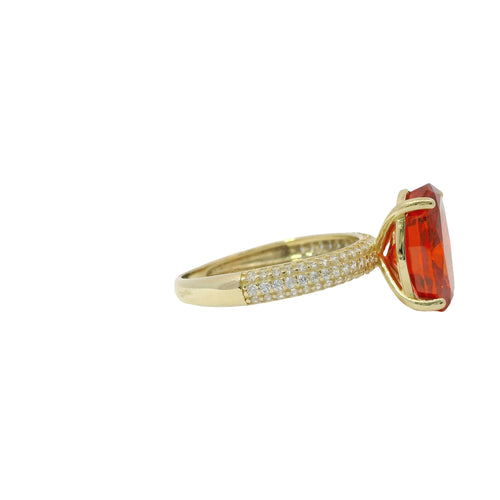 14KT Gold Ring Women's Burnt Orange Oval Center CZ Stone with Triple Row of White Round CZ Stones Band