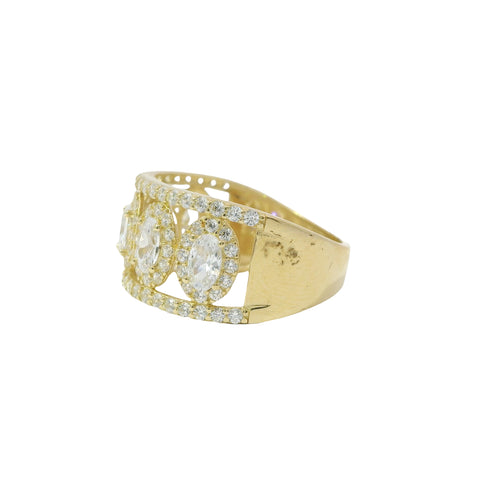 14KT Gold Ring Women's Five White Center Ovals with White Round CZ Stones Border Spit Band