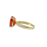14KT Gold Ring Women's Burnt Orange Oval Center CZ Stone with Triple Row of White Round CZ Stones Band