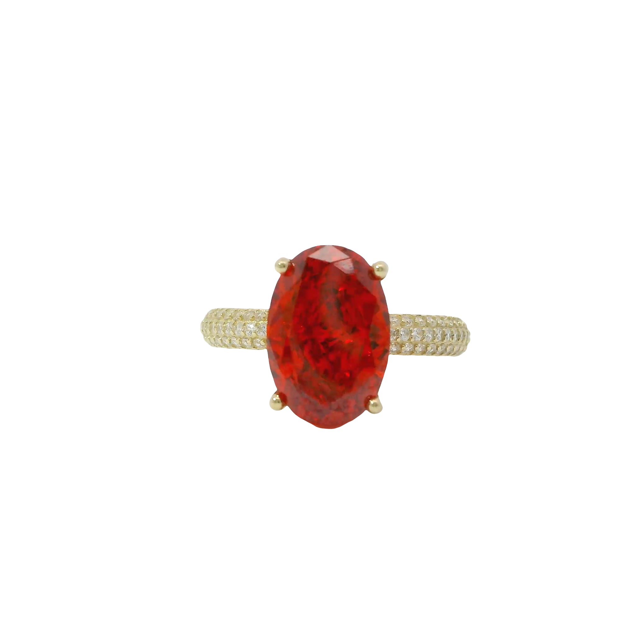 14KT Gold Ring Women's Burnt Orange Oval Center CZ Stone with Triple Row of White Round CZ Stones Band