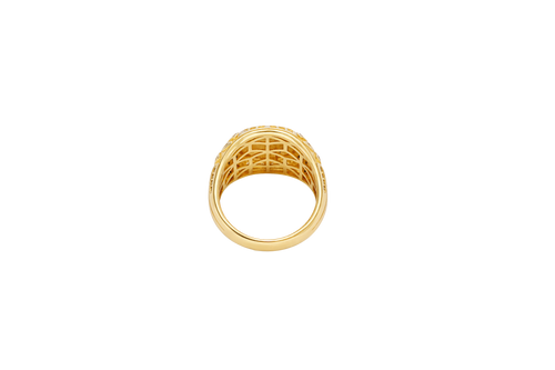 14KT Gold Ring Men's Round Two Tone Raised Anchor/Wheel Center with Sunray Background White CZ Stone Border Black CZ Stone Edges/ Corners with Black CZ Moon Shape CZ Designs Side Stones