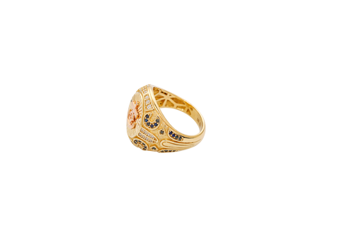 14KT Gold Ring Men's Round Two Tone Raised Anchor/Wheel Center with Sunray Background White CZ Stone Border Black CZ Stone Edges/ Corners with Black CZ Moon Shape CZ Designs Side Stones