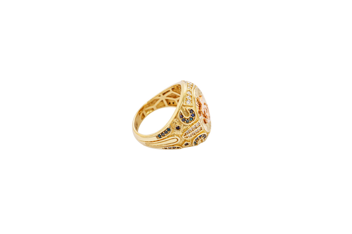 14KT Gold Ring Men's Round Two Tone Raised Anchor/Wheel Center with Sunray Background White CZ Stone Border Black CZ Stone Edges/ Corners with Black CZ Moon Shape CZ Designs Side Stones
