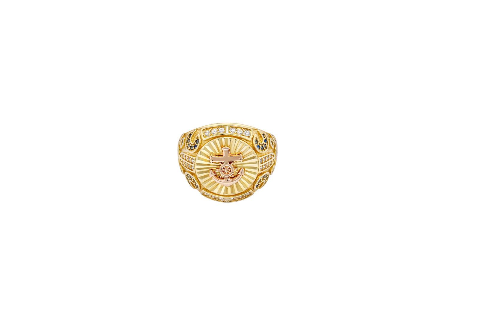 14KT Gold Ring Men's Round Two Tone Raised Anchor/Wheel Center with Sunray Background White CZ Stone Border Black CZ Stone Edges/ Corners with Black CZ Moon Shape CZ Designs Side Stones