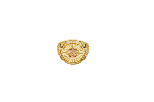 14KT Gold Ring Men's Round Two Tone Raised Anchor/Wheel Center with Sunray Background White CZ Stone Border Black CZ Stone Edges/ Corners with Black CZ Moon Shape CZ Designs Side Stones