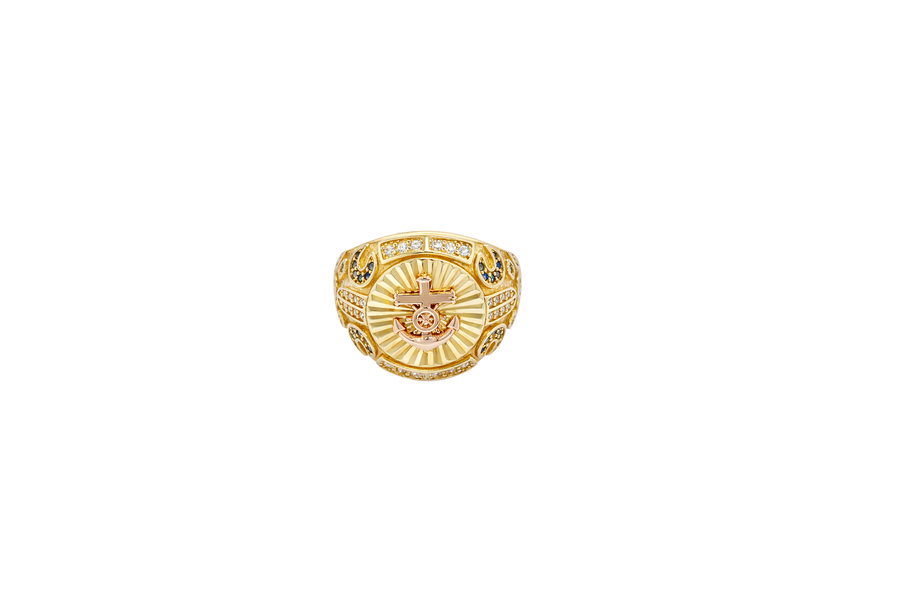 14KT Gold Ring Men's Round Two Tone Raised Anchor/Wheel Center with Sunray Background White CZ Stone Border Black CZ Stone Edges/ Corners with Black CZ Moon Shape CZ Designs Side Stones