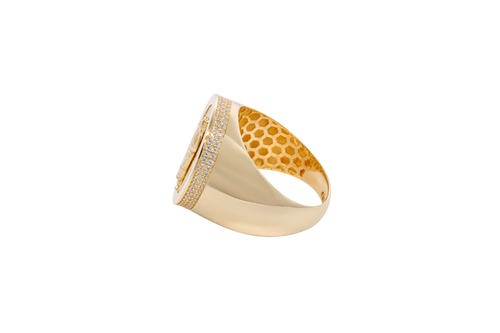 14KT Gold Ring Men's Round St. Jude Plain Border with Double Row of White CZ Side Stones