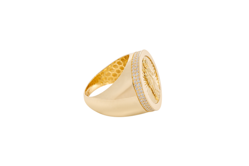 14KT Gold Ring Men's Round St. Jude Plain Border with Double Row of White CZ Side Stones