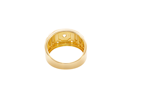 14K Gold Ring Men's Two Tone Band White CZ Stones Center/Border Horizontal Three Hexagon Band Print