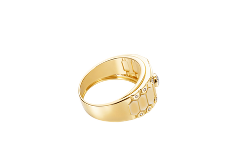 14K Gold Ring Men's Two Tone Band White CZ Stones Center/Border Horizontal Three Hexagon Band Print