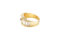 14K Gold Ring Men's Two Tone Band White CZ Stones Center/Border Horizontal Three Hexagon Band Print