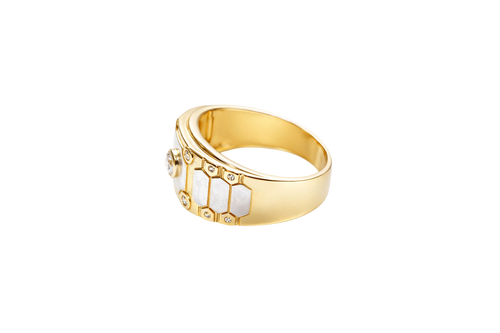 14K Gold Ring Men's Two Tone Band White CZ Stones Center/Border Horizontal Three Hexagon Band Print