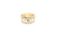 14K Gold Ring Men's Two Tone Band White CZ Stones Center/Border Horizontal Three Hexagon Band Print