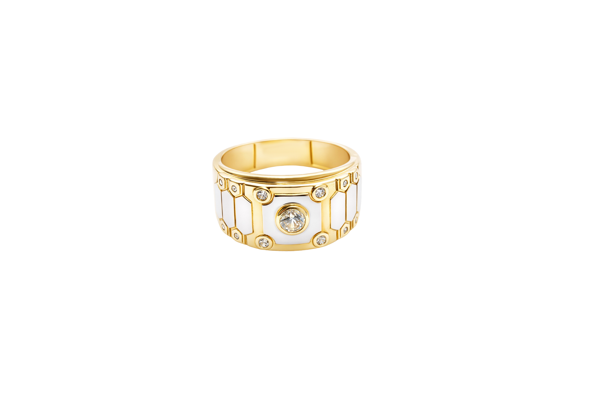 14K Gold Ring Men's Two Tone Band White CZ Stones Center/Border Horizontal Three Hexagon Band Print
