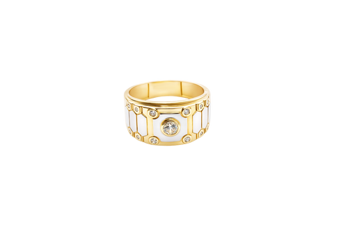 14K Gold Ring Men's Two Tone Band White CZ Stones Center/Border Horizontal Three Hexagon Band Print