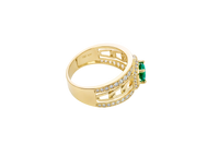 14KT Gold Ring Men's Hexagon Green CZ Round Center Stone White CZ Stone Border and Miami Link Band with Single Row White CZ Stones Border