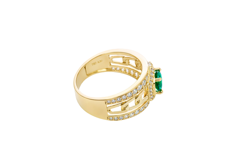 14KT Gold Ring Men's Hexagon Green CZ Round Center Stone White CZ Stone Border and Miami Link Band with Single Row White CZ Stones Border