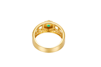 14KT Gold Ring Men's Hexagon Green CZ Round Center Stone White CZ Stone Border and Miami Link Band with Single Row White CZ Stones Border