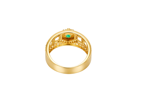14KT Gold Ring Men's Hexagon Green CZ Round Center Stone White CZ Stone Border and Miami Link Band with Single Row White CZ Stones Border
