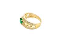 14KT Gold Ring Men's Hexagon Green CZ Round Center Stone White CZ Stone Border and Miami Link Band with Single Row White CZ Stones Border