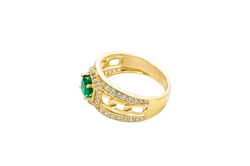 14KT Gold Ring Men's Hexagon Green CZ Round Center Stone White CZ Stone Border and Miami Link Band with Single Row White CZ Stones Border