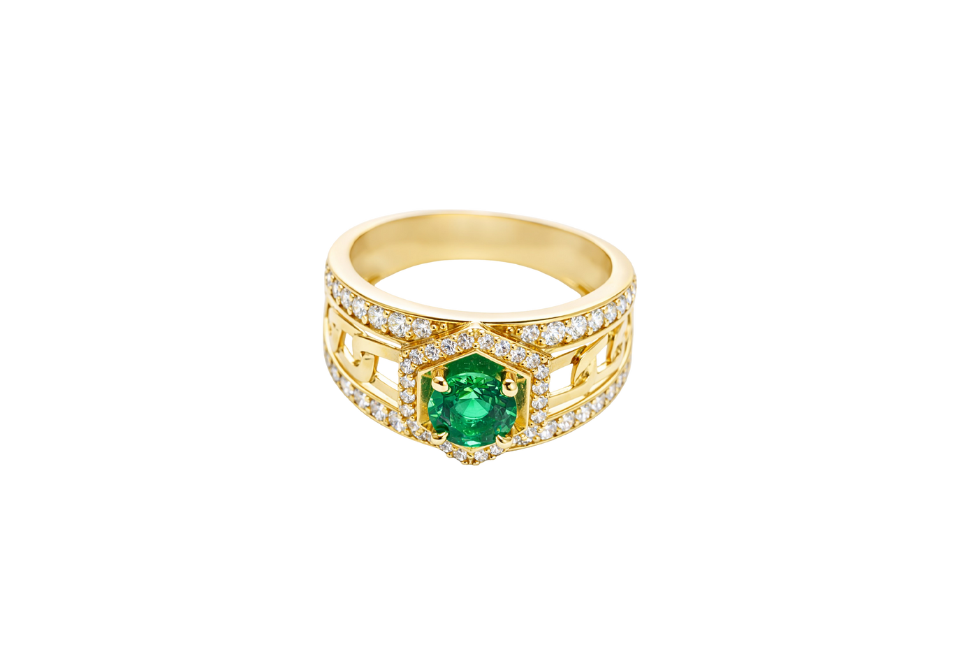 14KT Gold Ring Men's Hexagon Green CZ Round Center Stone White CZ Stone Border and Miami Link Band with Single Row White CZ Stones Border