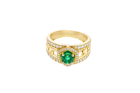 14KT Gold Ring Men's Hexagon Green CZ Round Center Stone White CZ Stone Border and Miami Link Band with Single Row White CZ Stones Border