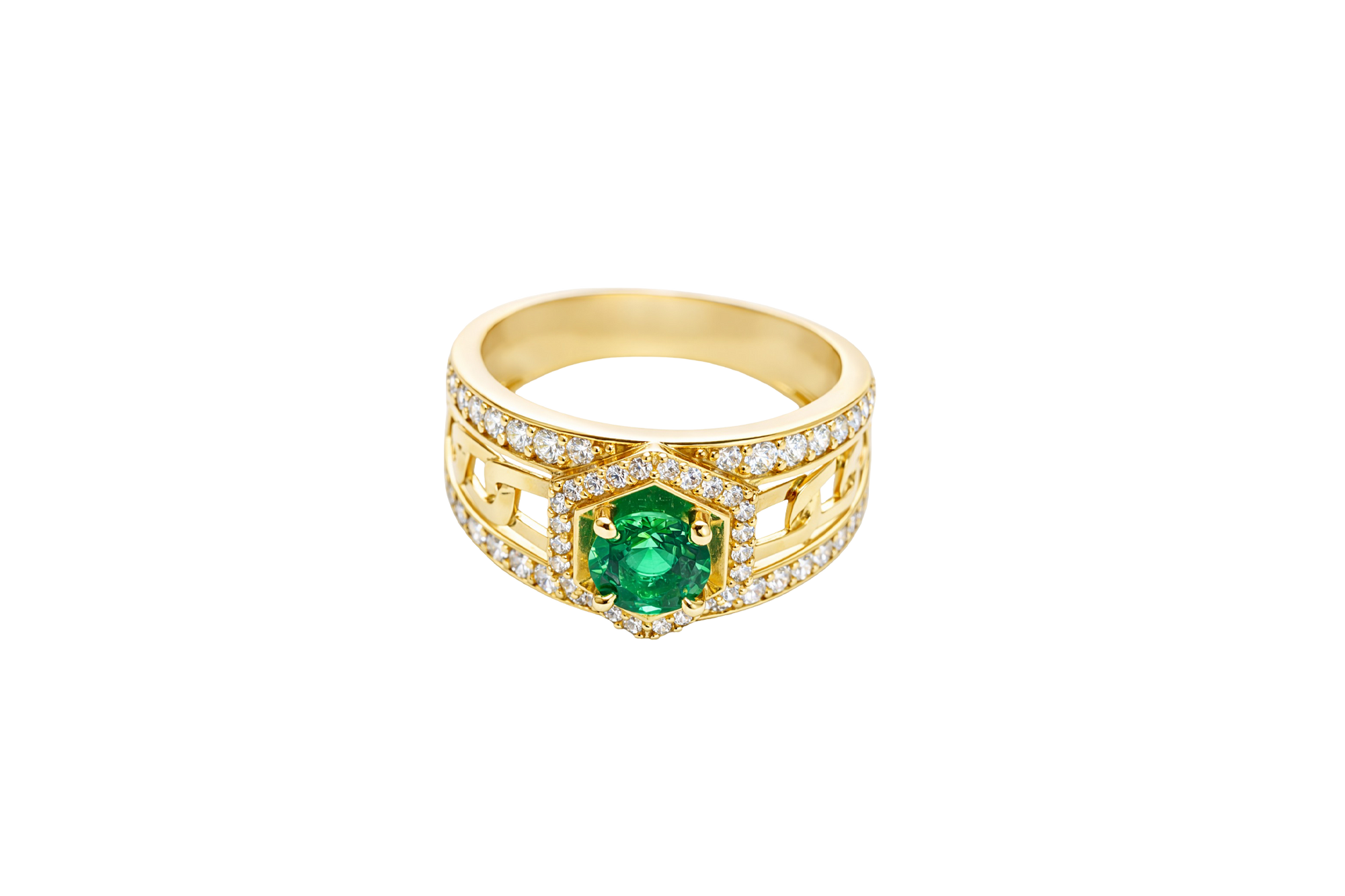 14KT Gold Ring Men's Hexagon Green CZ Round Center Stone White CZ Stone Border and Miami Link Band with Single Row White CZ Stones Border