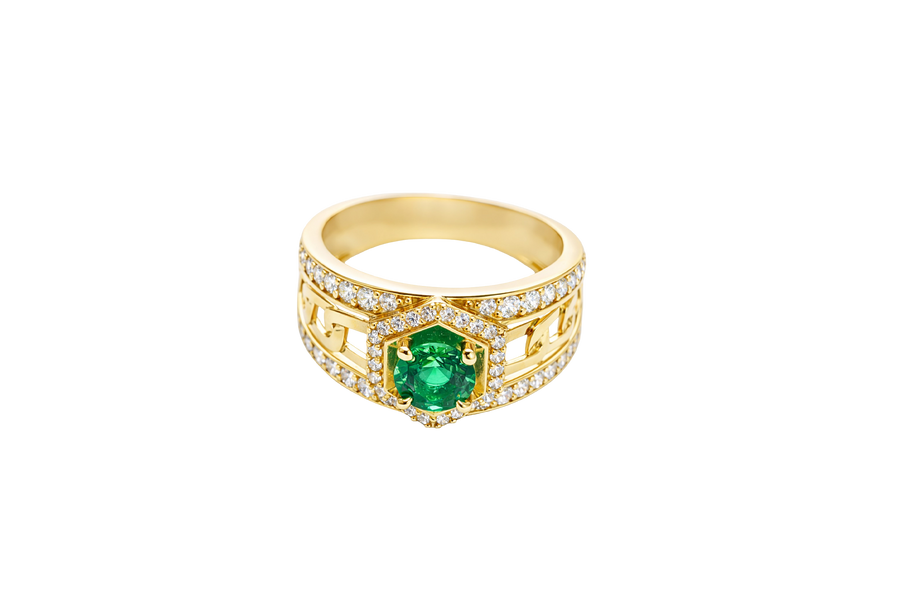 14KT Gold Ring Men's Hexagon Green CZ Round Center Stone White CZ Stone Border and Miami Link Band with Single Row White CZ Stones Border