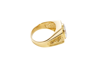 14KT Gold Ring Men's Hexagon Head with Oval White CZ Center Stone Jesus on the Cross on Band