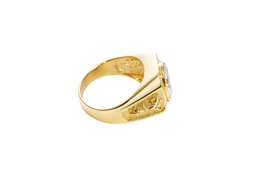 14KT Gold Ring Men's Hexagon Head with Oval White CZ Center Stone Jesus on the Cross on Band